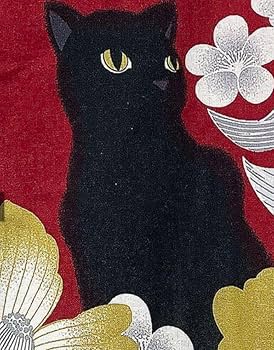 Amazon.co.jp: 黒ネコ浴衣黒地 赤い花柄に猫 キュートなモダン